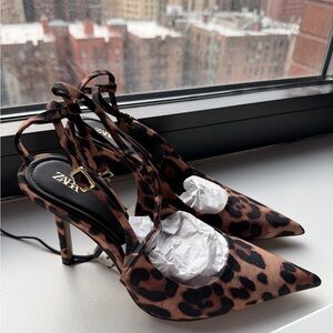 Zara Leopard-Print Pointed Slingback Heels - Brown/Black